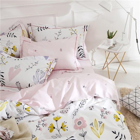 Flower Print Cotton Girls Duvet Cover Set 3Piece Pink Reversible Full BeddingSet - Picture 5 of 6